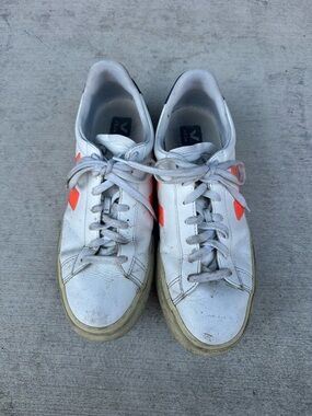 Veja White Sneakers with Neon Orange V Detail